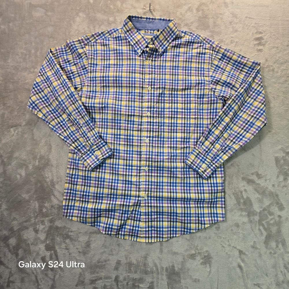 Haggar Mens Stretch Plaid Button Down Shirt Blue Purple Yellow Large L LS
